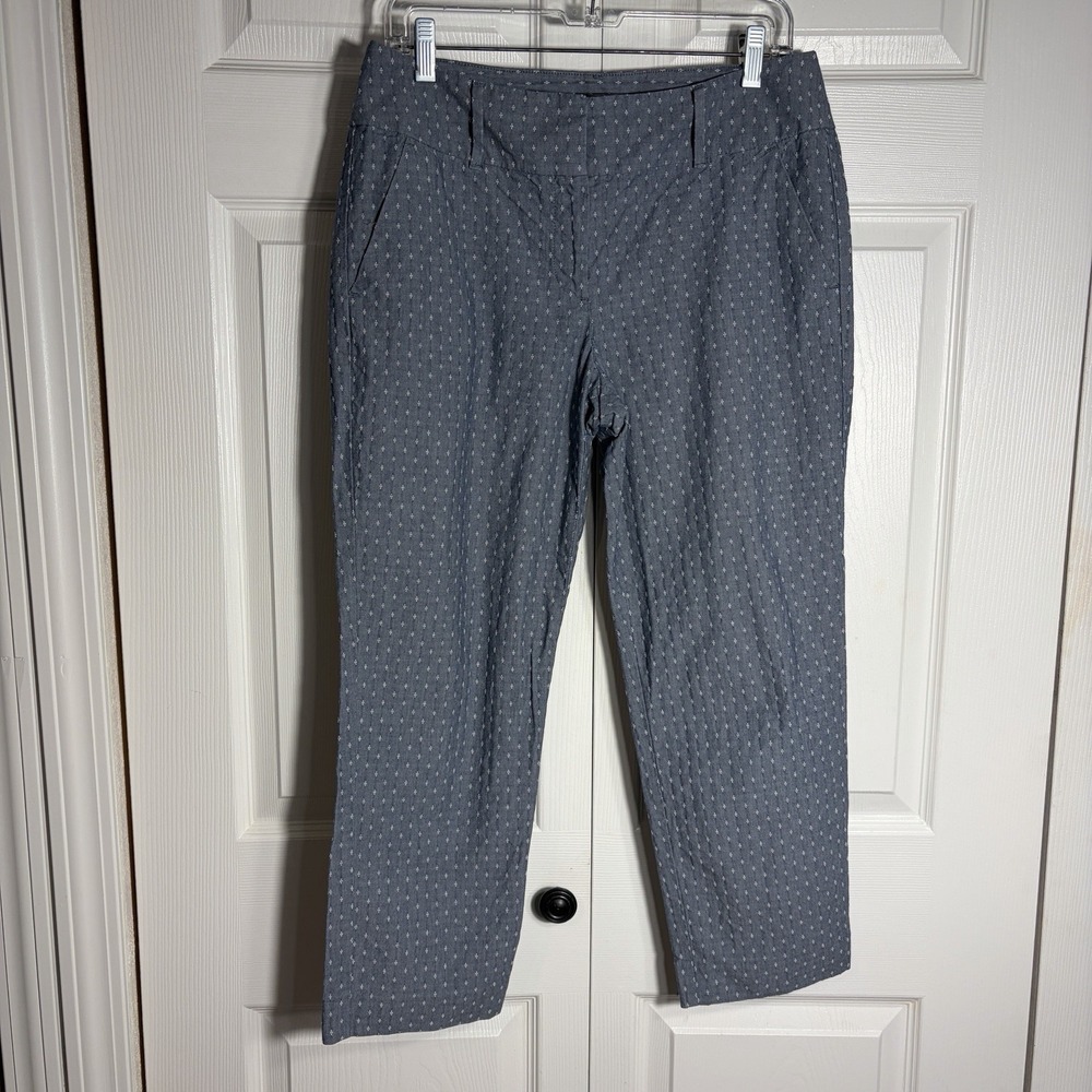 Ann Taylor Curvy Fit Pants Women 6 Blue Diamond Print Ankle Cotton Blend Pockets